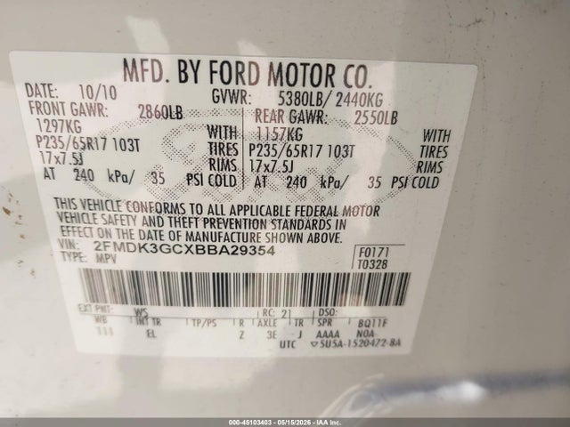 45103403 :رقم المزاد ، 2FMDK3GCXBBA29354 vin ، 2011 Ford Edge Se مزاد بيع