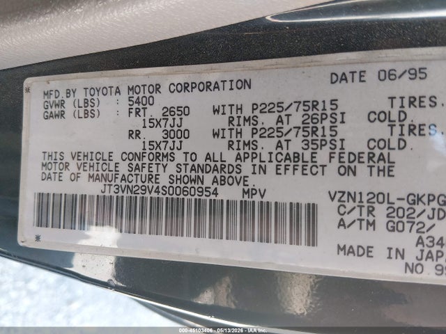 Aukcja sprzedaży 1995 Toyota 4runner Vn29 Sr5, vin: JT3VN29V4S0060954, numer aukcji: 45103406