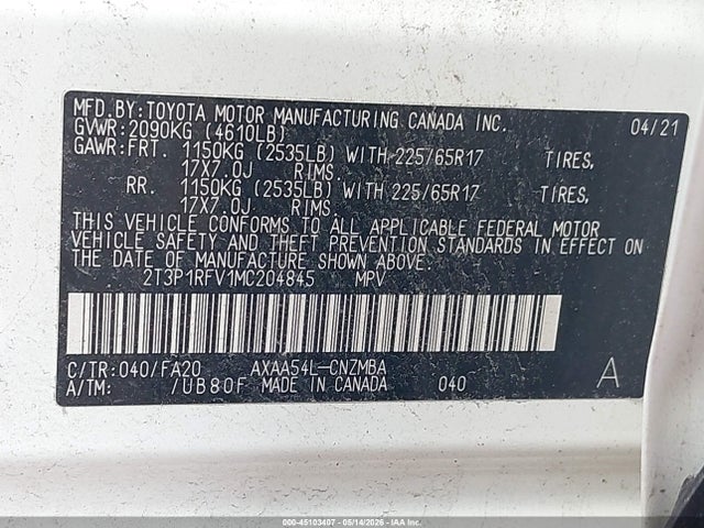 45103407 :رقم المزاد ، 2T3P1RFV1MC204845 vin ، 2021 Toyota Rav4 Xle مزاد بيع