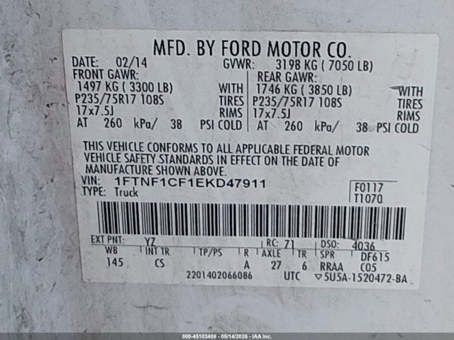 Продажа на аукционе авто 2014 Ford F-150 Xl, vin: 1FTNF1CF1EKD47911, номер лота: 45103408