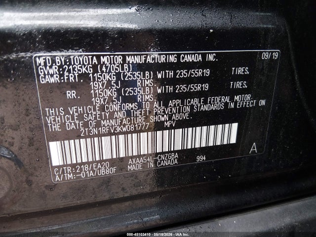 Aukcja sprzedaży 2019 Toyota Rav4 Limited, vin: 2T3N1RFV3KW081777, numer aukcji: 45103410