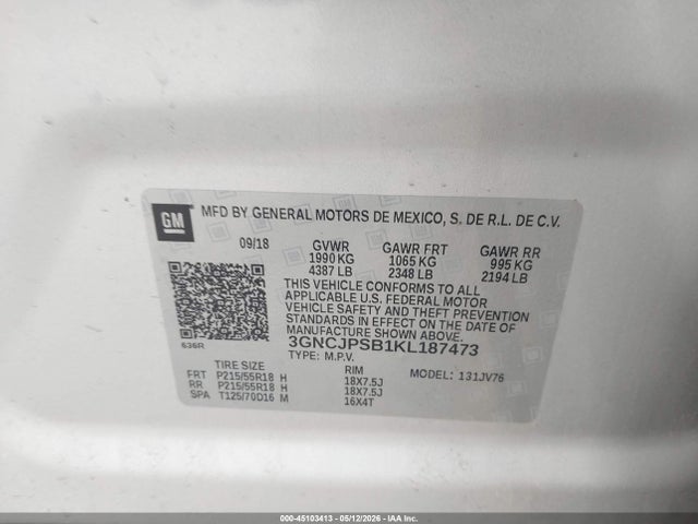 Aukcja sprzedaży 2019 Chevrolet Trax Lt, vin: 3GNCJPSB1KL187473, numer aukcji: 45103413