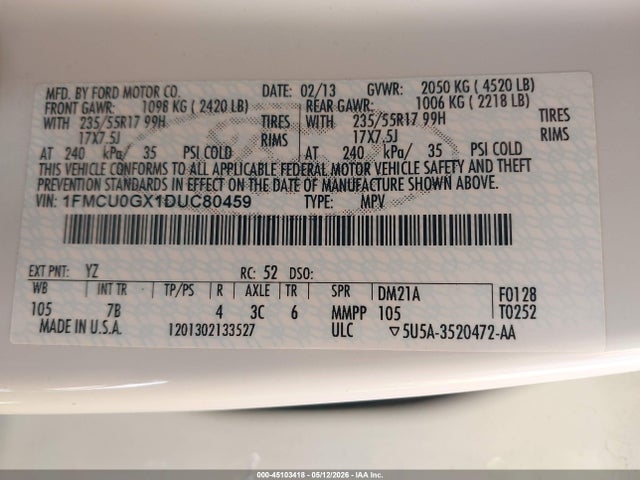 Продажа на аукционе авто 2013 Ford Escape Se, vin: 1FMCU0GX1DUC80459, номер лота: 45103418