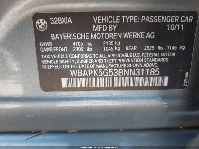 2011 Bmw 328i Xdrive მანქანა იყიდება აუქციონზე, vin: WBAPK5G53BNN31185, აუქციონის ნომერი: 45103423