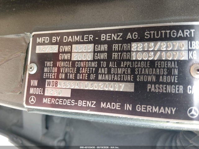 Продаж на аукціоні авто 1983 Mercedes-benz 300 Dt, vin: WDBAB33A1DB024417, номер лоту: 45103430