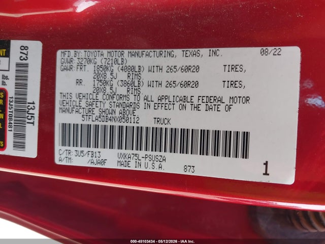 Toyota Tundra Sr5 2022 5TFLA5DB4NX050112 Image 9