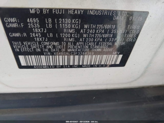 Aukcja sprzedaży 2015 Subaru Outback 2.5i Limited, vin: 4S4BSALC3F3288369, numer aukcji: 45103437