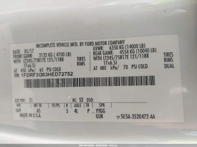 45103446 :رقم المزاد ، 1FDRF3G63HED72752 vin ، 2017 Ford F-350 Chassis Xl مزاد بيع