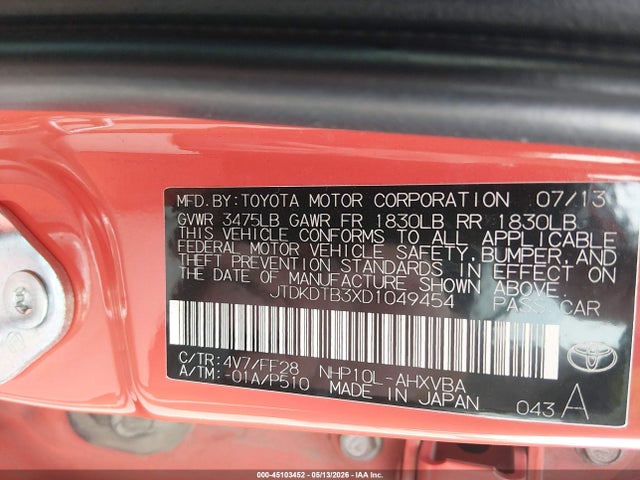 2013 Toyota Prius C Two მანქანა იყიდება აუქციონზე, vin: JTDKDTB3XD1049454, აუქციონის ნომერი: 45103452