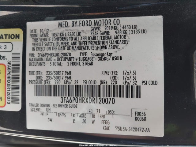 Aukcja sprzedaży 2013 Ford Fusion Se, vin: 3FA6P0HRXDR120070, numer aukcji: 45103456