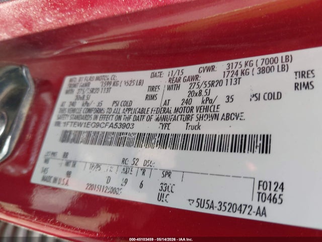 Aukcja sprzedaży 2016 Ford F-150 Platinum, vin: 1FTEW1EG9GFA53903, numer aukcji: 45103459