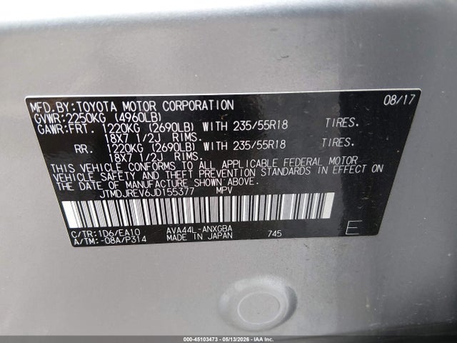 Auction sale of the 2018 Toyota Rav4 Hybrid Limited, vin: JTMDJREV6JD155377, lot number: 45103473