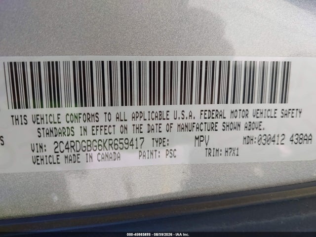 Продажа на аукционе авто 2019 Dodge Grand Caravan Se, vin: 2C4RDGBG6KR659417, номер лота: 45103478