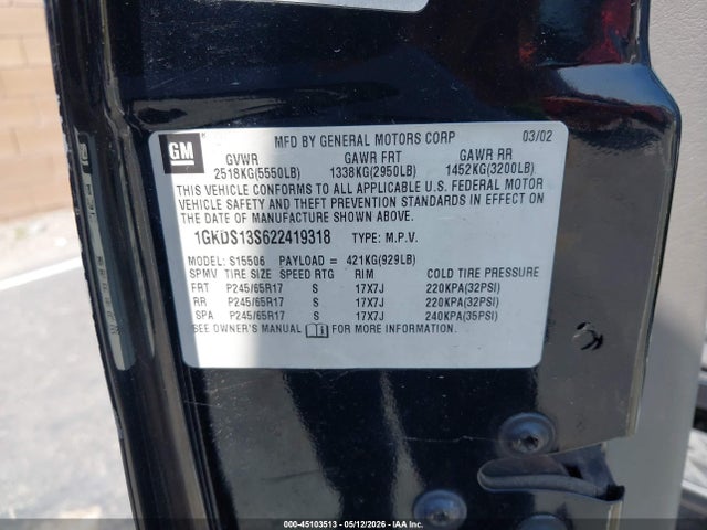 45103513 :رقم المزاد ، 1GKDS13S622419318 vin ، 2002 Gmc Envoy Slt مزاد بيع