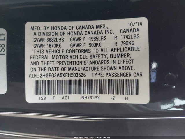 Продажа на аукционе авто 2015 Honda Civic Lx, vin: 2HGFG3A5XFH503526, номер лота: 45103514