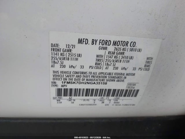 Aukcja sprzedaży 2022 Ford Explorer Xlt, vin: 1FMSK7DH2NGA35158, numer aukcji: 45103523