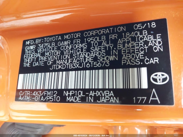 Продажа на аукционе авто 2018 Toyota Prius C Two, vin: JTDKDTB3XJ1615673, номер лота: 45103524