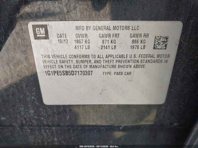 45103525 :رقم المزاد ، 1G1PE5SB5D7170307 vin ، 2013 Chevrolet Cruze 2lt Auto مزاد بيع