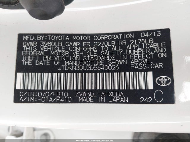 Aukcja sprzedaży 2013 Toyota Prius Two, vin: JTDKN3DU3D5640026, numer aukcji: 45103547
