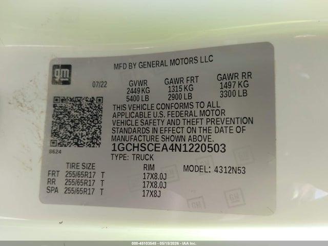 1GCHSCEA4N1220503 Chevrolet Colorado 2wd Long Box Lt