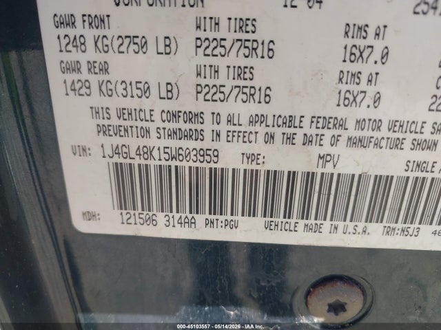 2005 Jeep Liberty Sport მანქანა იყიდება აუქციონზე, vin: 1J4GL48K15W603959, აუქციონის ნომერი: 45103557