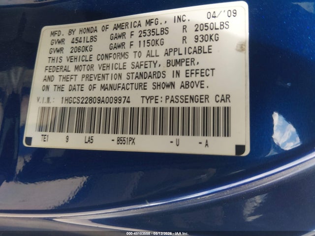 45103558 :رقم المزاد ، 1HGCS22809A009974 vin ، 2009 Honda Accord 3.5 Ex-l مزاد بيع