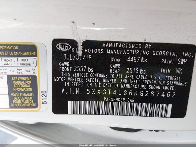 Aukcja sprzedaży 2019 Kia Optima Lx, vin: 5XXGT4L36KG287462, numer aukcji: 45103561