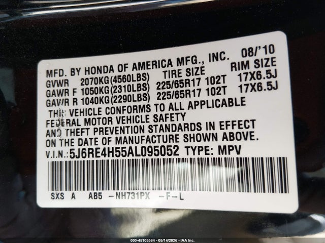 45103564 :رقم المزاد ، 5J6RE4H55AL095052 vin ، 2010 Honda Cr-v Ex مزاد بيع