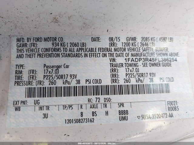 45103572 :رقم المزاد ، 1FADP3R45FL386254 vin ، 2015 Ford Focus Electric مزاد بيع