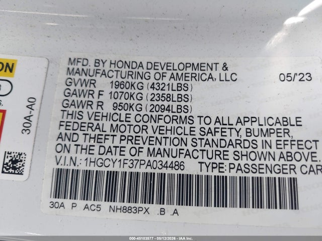 1HGCY1F37PA034486 Honda ACCORD EX