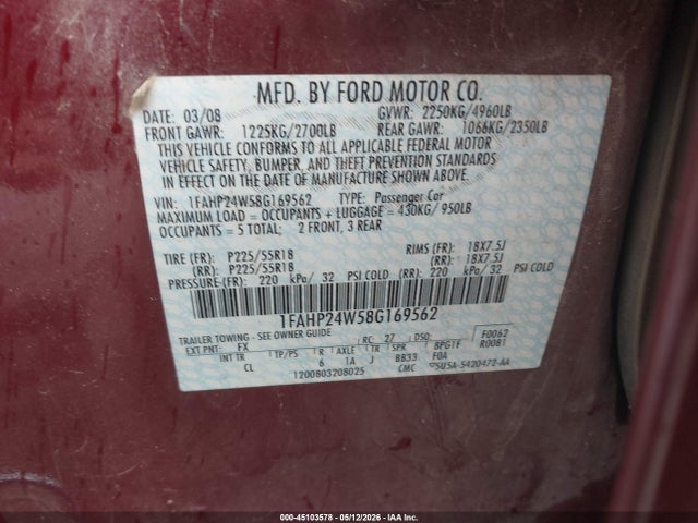 2008 Ford Taurus Sel მანქანა იყიდება აუქციონზე, vin: 1FAHP24W58G169562, აუქციონის ნომერი: 45103578
