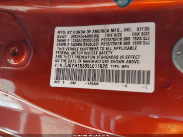 45103586 :رقم المزاد ، 5J6YH18305L011628 vin ، 2005 Honda Element Lx مزاد بيع