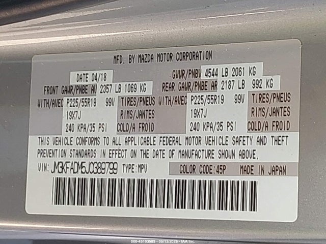 Aukcja sprzedaży 2018 Mazda Cx-5 Grand Touring, vin: JM3KFADM5J0389799, numer aukcji: 45103589