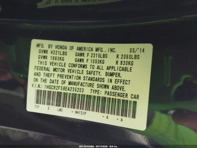 1HGCR2F58EA235203 Honda Accord Sport
