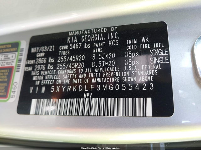 Aukcja sprzedaży 2021 Kia Sorento Sx, vin: 5XYRKDLF3MG055423, numer aukcji: 45103604