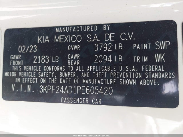 3KPF24AD1PE605420 KIA Forte Lxs