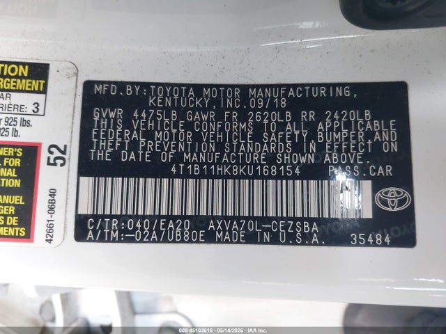 Продаж на аукціоні авто 2019 Toyota Camry Se, vin: 4T1B11HK8KU168154, номер лоту: 45103618
