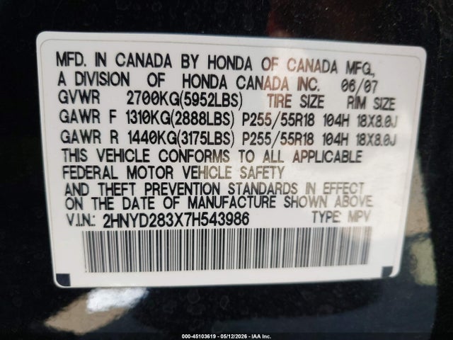 Aukcja sprzedaży 2007 Acura Mdx Technology Package, vin: 2HNYD283X7H543986, numer aukcji: 45103619