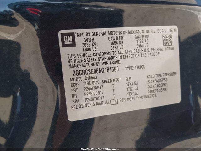 2010 Chevrolet Silverado 1500 Lt მანქანა იყიდება აუქციონზე, vin: 3GCRCSE06AG181590, აუქციონის ნომერი: 45103622