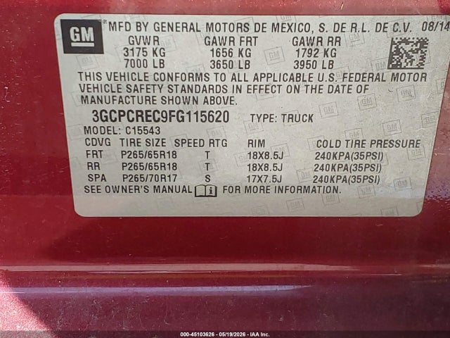 45103626 :رقم المزاد ، 3GCPCREC9FG115620 vin ، 2015 Chevrolet Silverado 1500 1lt مزاد بيع