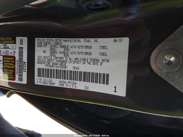 45103639 :رقم المزاد ، 5TFAW5F19JX768987 vin ، 2018 Toyota Tundra 1794 5.7l V8 مزاد بيع