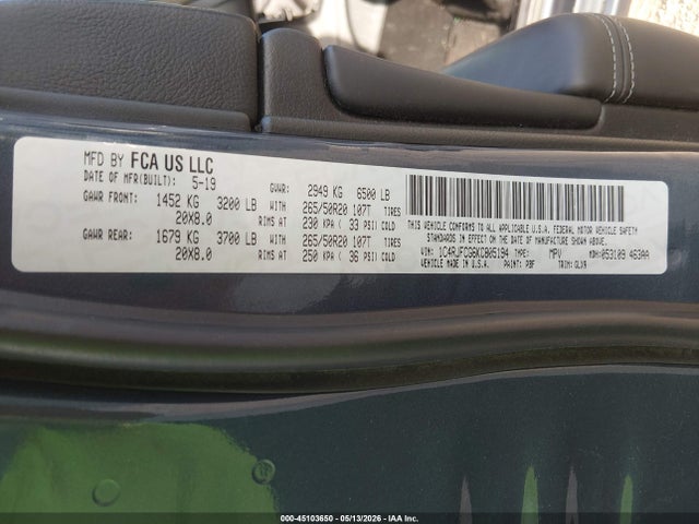 Продажа на аукционе авто 2019 Jeep Grand Cherokee Overland, vin: 1C4RJFCG6KC805194, номер лота: 45103650