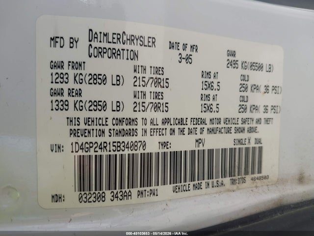 45103653 :رقم المزاد ، 1D4GP24R15B340870 vin ، 2005 Dodge Grand Caravan Se مزاد بيع