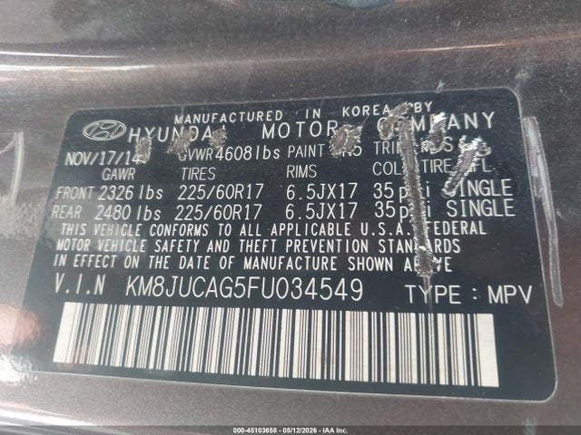 Aukcja sprzedaży 2015 Hyundai Tucson Se, vin: KM8JUCAG5FU034549, numer aukcji: 45103658