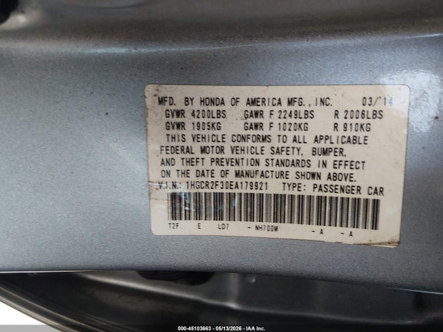 2014 Honda Accord Lx მანქანა იყიდება აუქციონზე, vin: 1HGCR2F30EA179921, აუქციონის ნომერი: 45103663