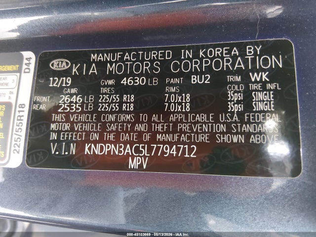 Продаж на аукціоні авто 2020 Kia Sportage Ex, vin: KNDPN3AC5L7794712, номер лоту: 45103669