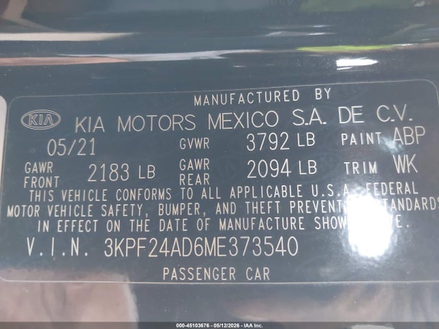 Aukcja sprzedaży 2021 Kia Forte Lxs, vin: 3KPF24AD6ME373540, numer aukcji: 45103676
