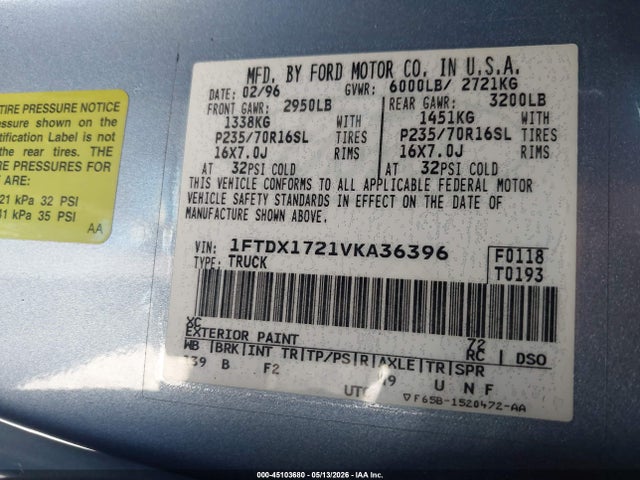 Aukcja sprzedaży 1997 Ford F-150 Standard/xl/xlt, vin: 1FTDX1721VKA36396, numer aukcji: 45103680