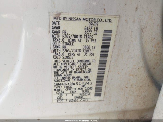 Продаж на аукціоні авто 2006 Nissan Titan Se, vin: 1N6BA07A56N514343, номер лоту: 45103693