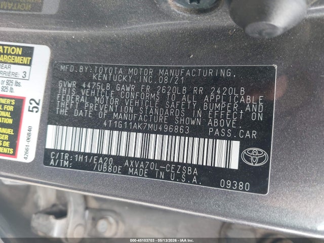 45103703 :رقم المزاد ، 4T1G11AK7MU496863 vin ، 2021 Toyota Camry Se مزاد بيع